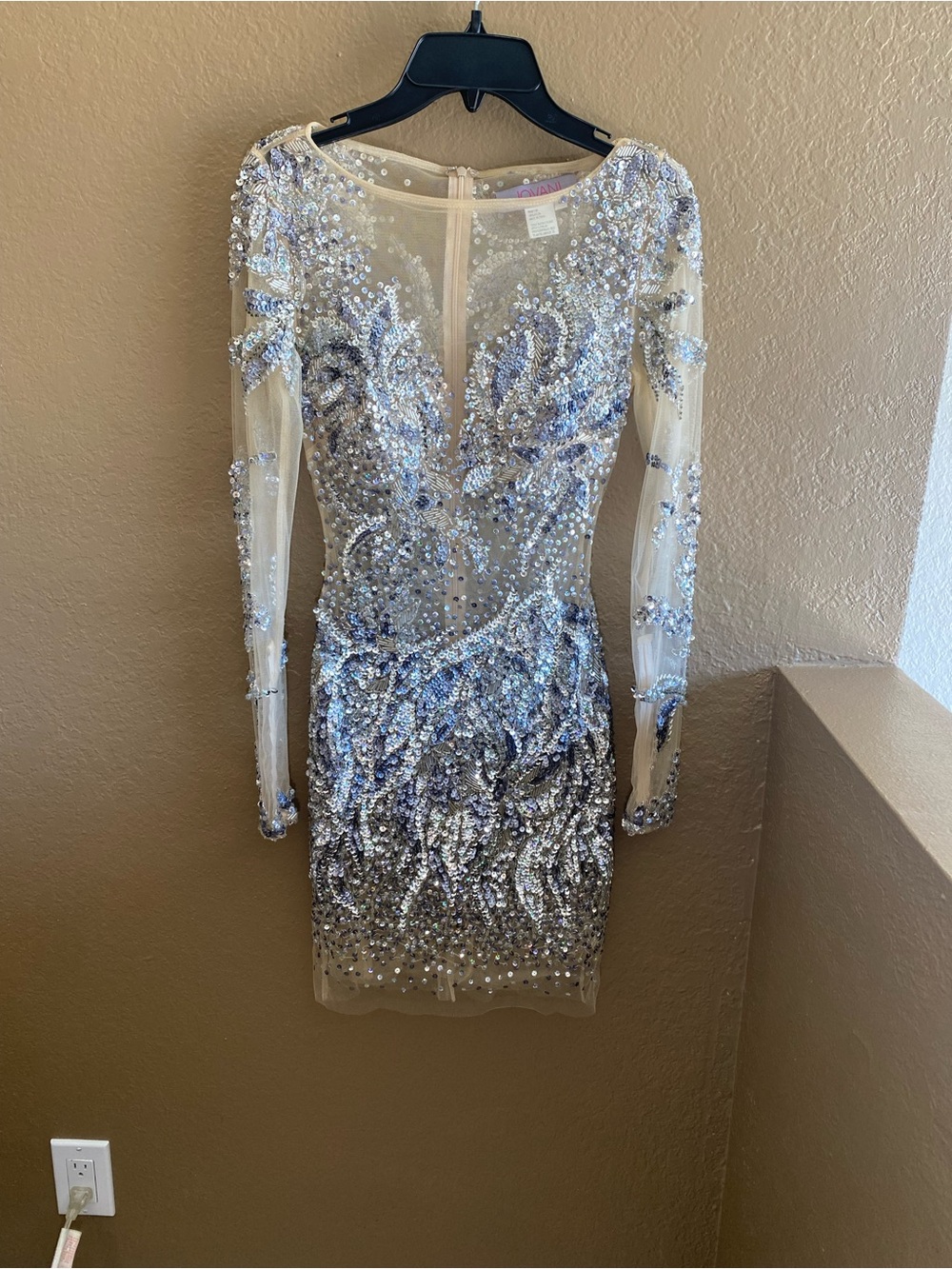 Jovani Nude Sheer Long-Sleeve Sequin Cocktail Dress